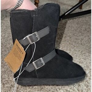 BearPaw Valerie Cow Suede Faux Leather Lined Mid Calf Boots Black Womens 7 NWT